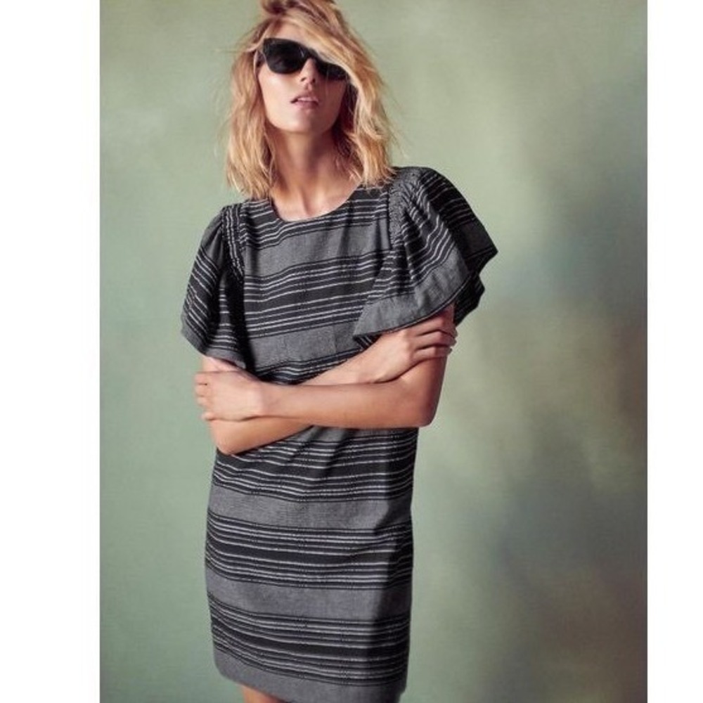 Anthropologie Moon River Denmark Striped Ruffle Sleeve Dress Small Black White